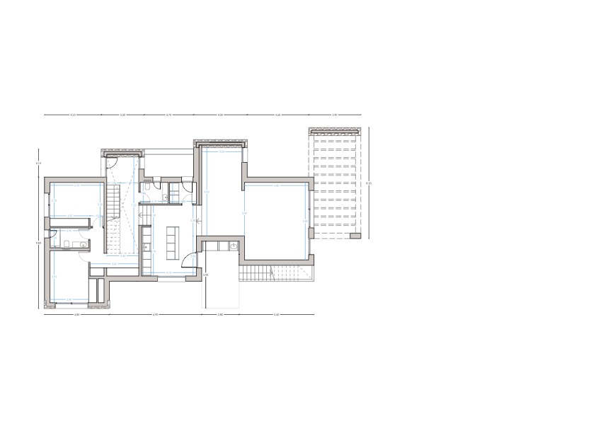 Gedetailleerde technische plattegrond van de begane grond met de indeling van slaapkamers, badkamers en de open keuken met kookeiland.