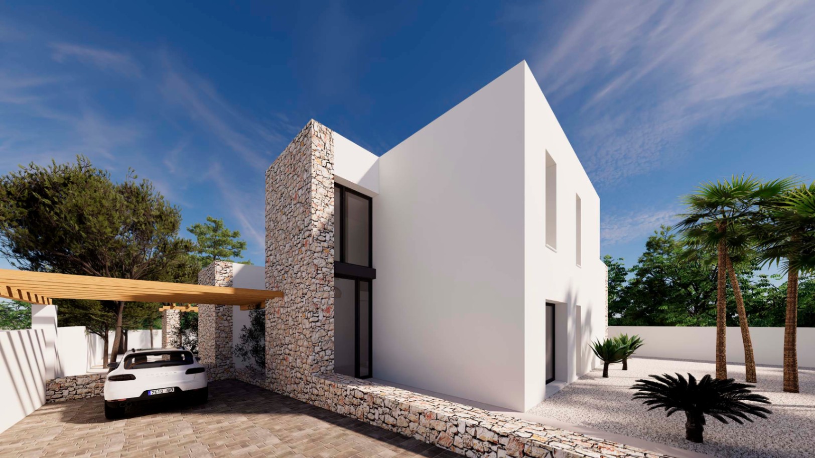 Gevel in Ibiza-stijl met natuurstenen muren, een houten parkeerpergola en een mediterrane grindtuin met palmbomen.