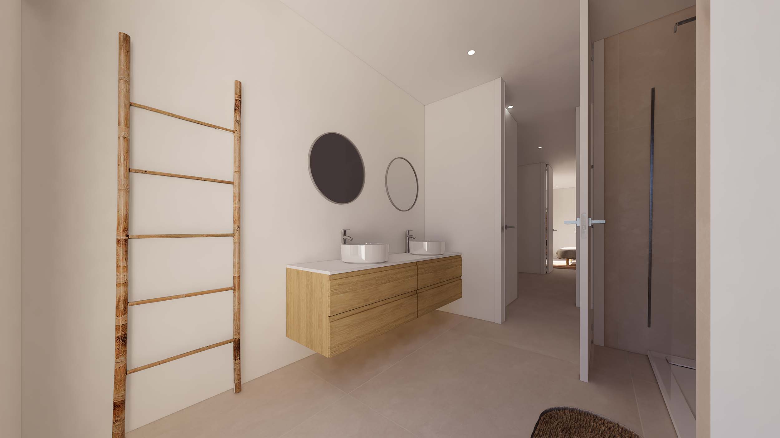 Minimalistische badkamer met zwevend houten meubel, dubbele opzetwastafels en ronde spiegels. Voorzien van een inloopdouche en een decoratieve houten ladder.