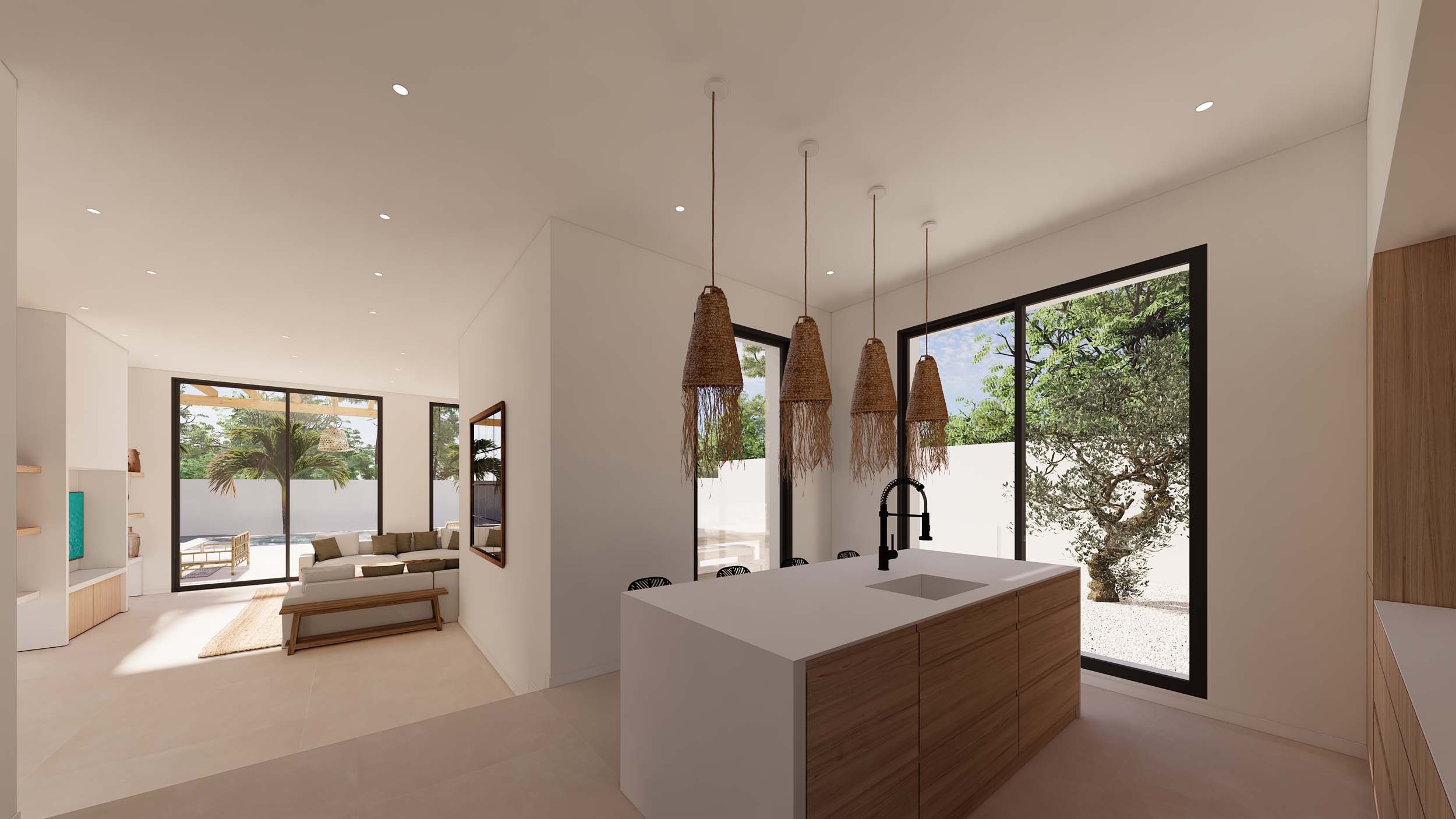 Moderne keuken met houten eiland, wit werkblad en hanglampen van natuurlijke vezels. Grote raampartijen bieden uitzicht op de tuin en het zwembad.