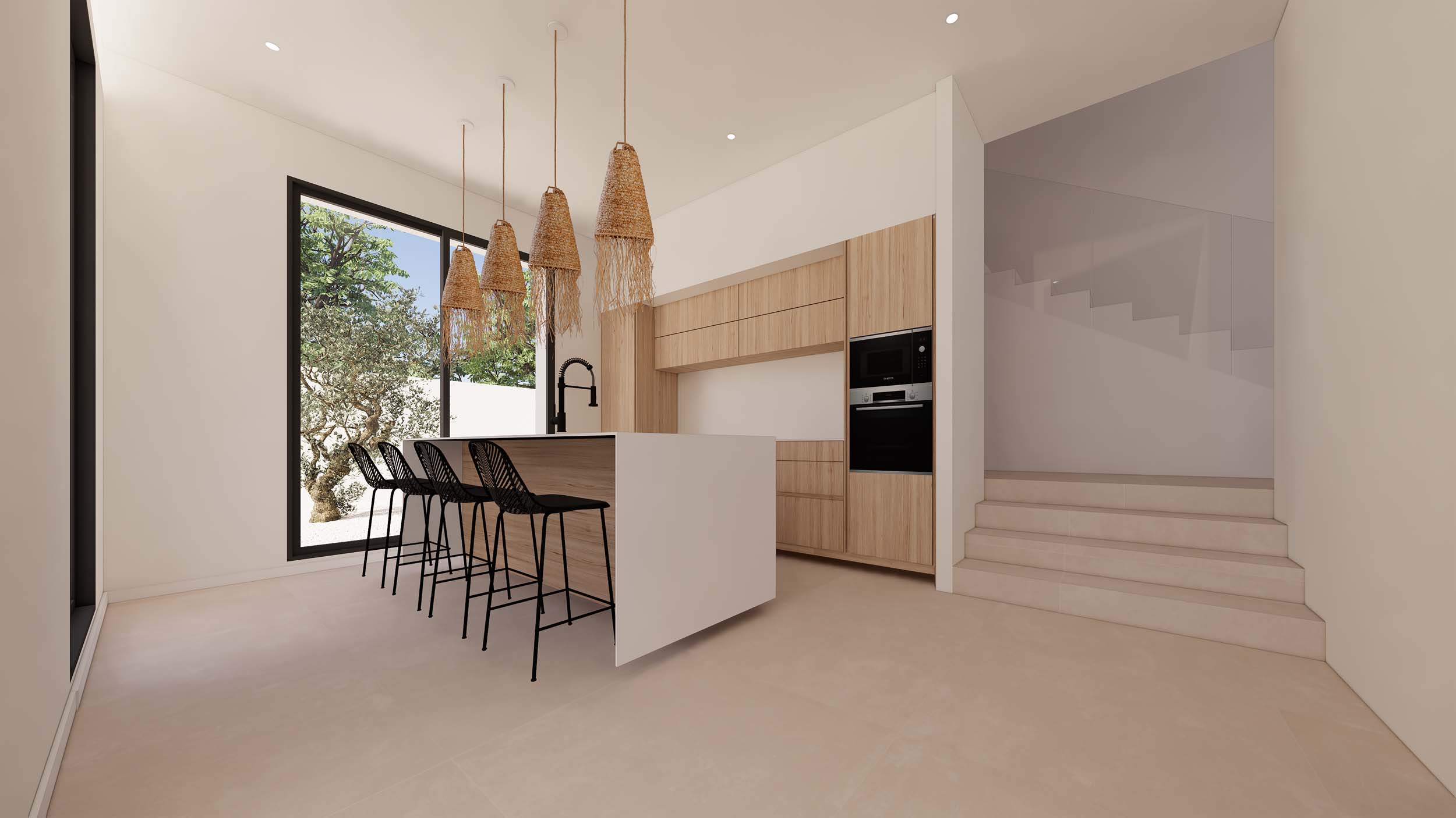 Moderne keuken met wit eiland, zwarte krukken en hanglampen van natuurvezel. Voorzien van lichte houten kasten, inbouwapparatuur en een trap met een strakke glazen balustrade.