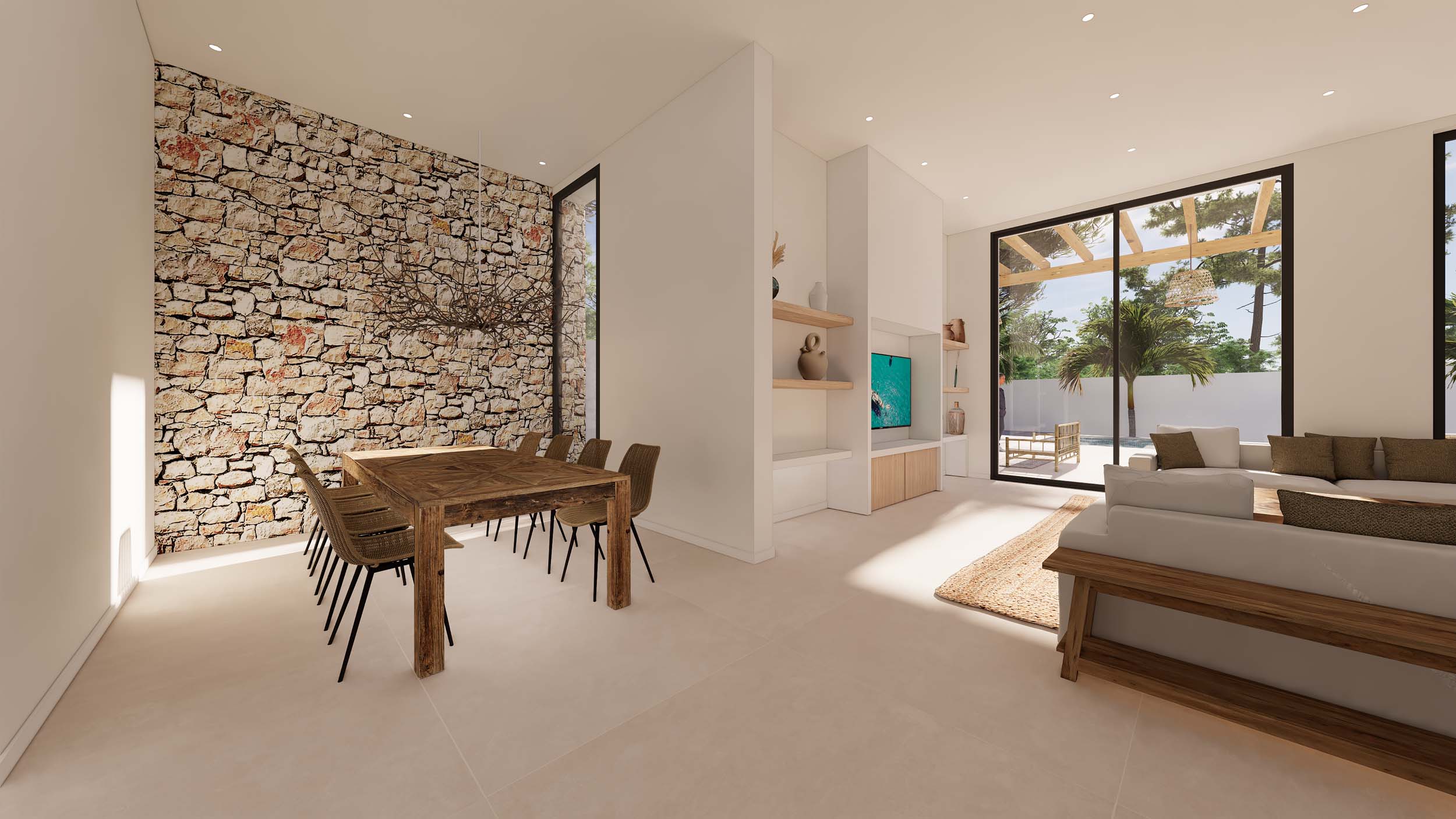 Open woon- en eetkamer met een natuurstenen accentmuur, massief houten meubilair en grote glazen schuifdeuren naar het terras met pergola.