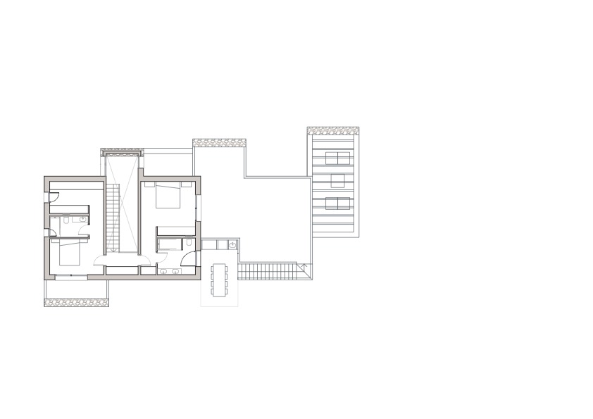 Technische plattegrond met twee slaapkamers met en-suite badkamers, een buitenruimte om te eten en uitgebreide terrassen met een pergola.