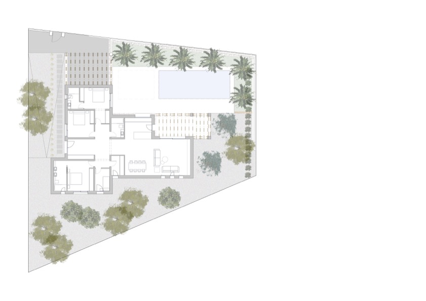 Architecturale plattegrond van de villa met vier slaapkamers, open leefruimte, zwembad en de omliggende mediterrane tuin op het perceel.