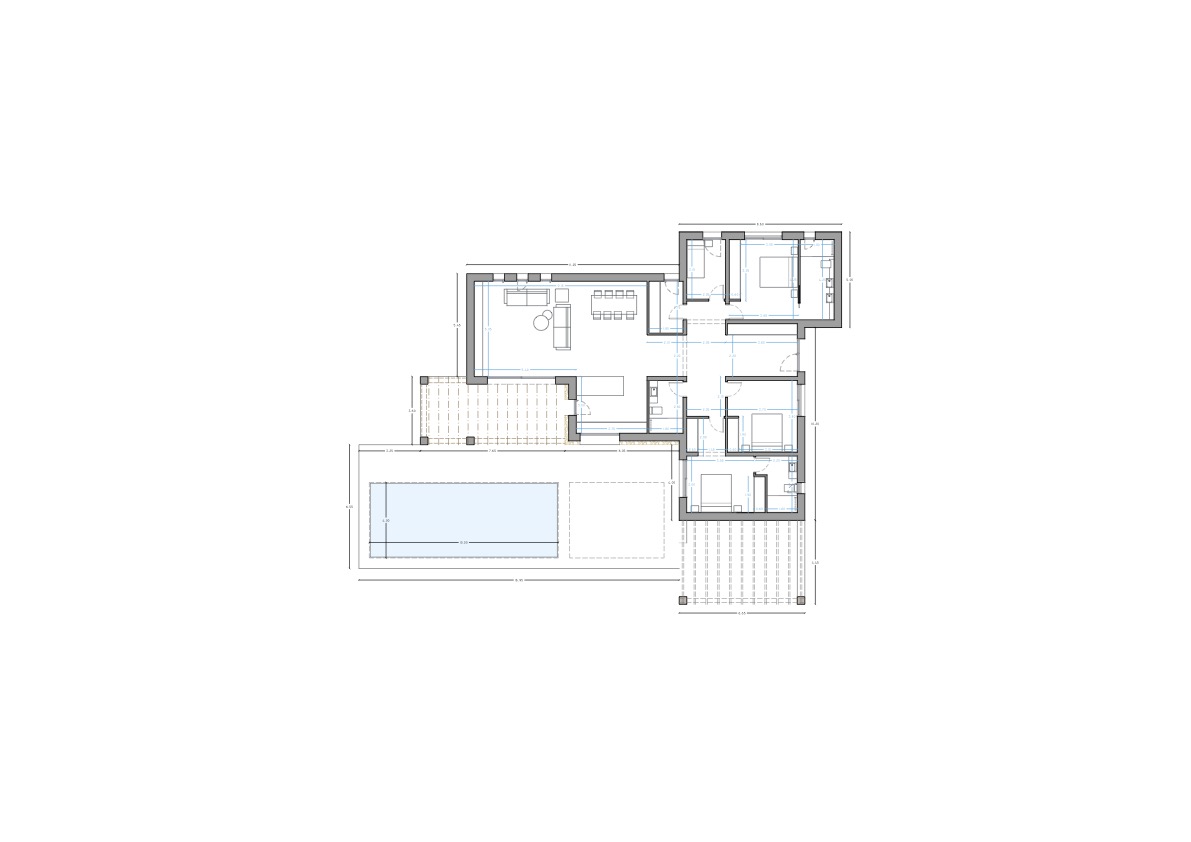 Gedetailleerde architecturale plattegrond van de gelijkvloerse verdieping met vier slaapkamers en suite, open woonkamer en terras met zwembad.