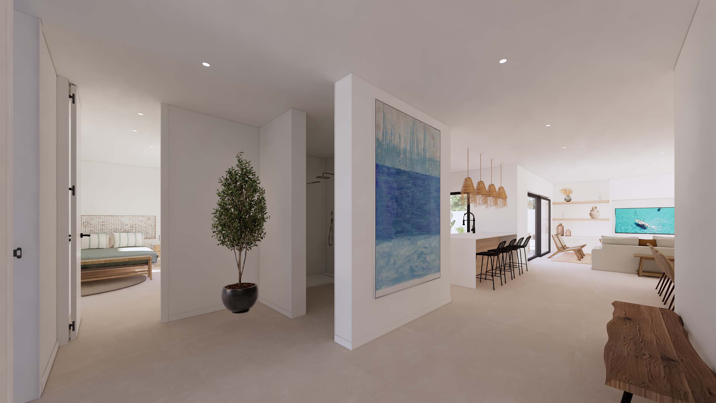 Interieurhal met een groot abstract schilderij, die de open woonruimte, het kookeiland en een slaapkamer met natuurlijk houten afwerkingen verbindt.