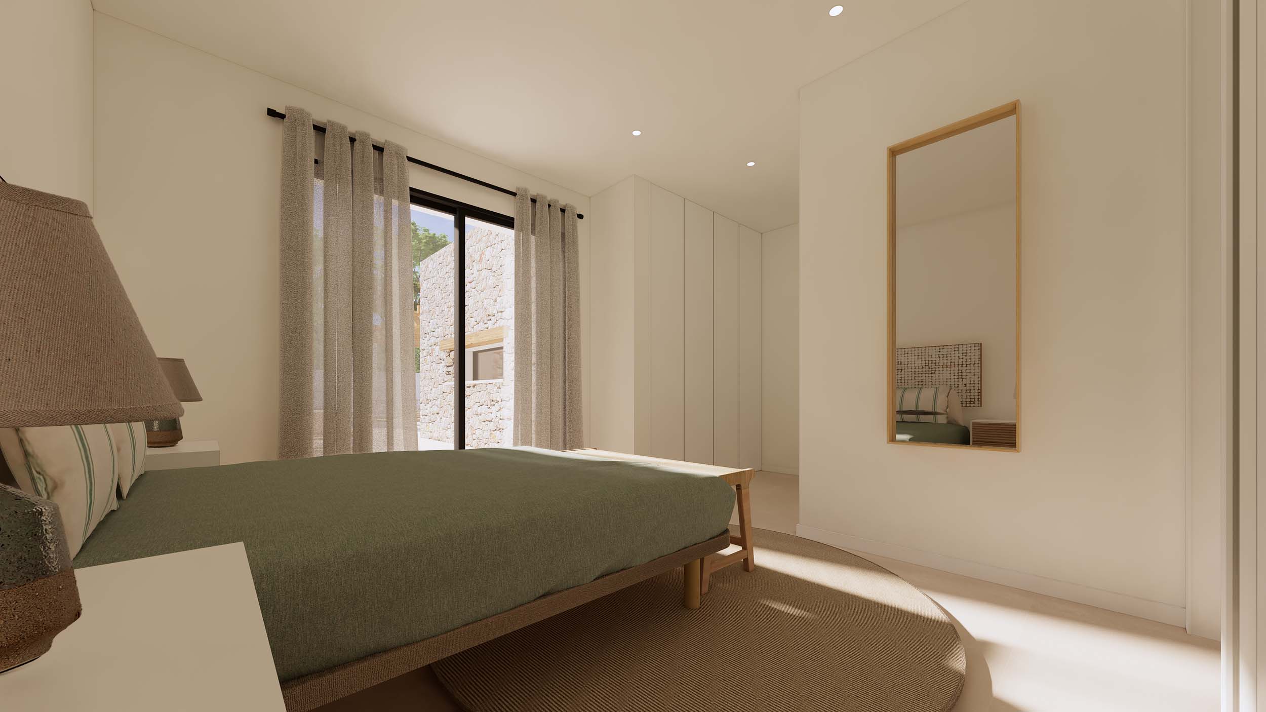 Minimalistische slaapkamer met inbouwkasten, een grote spiegel en kamerhoge ramen die uitkomen op een terras met natuurstenen muren.