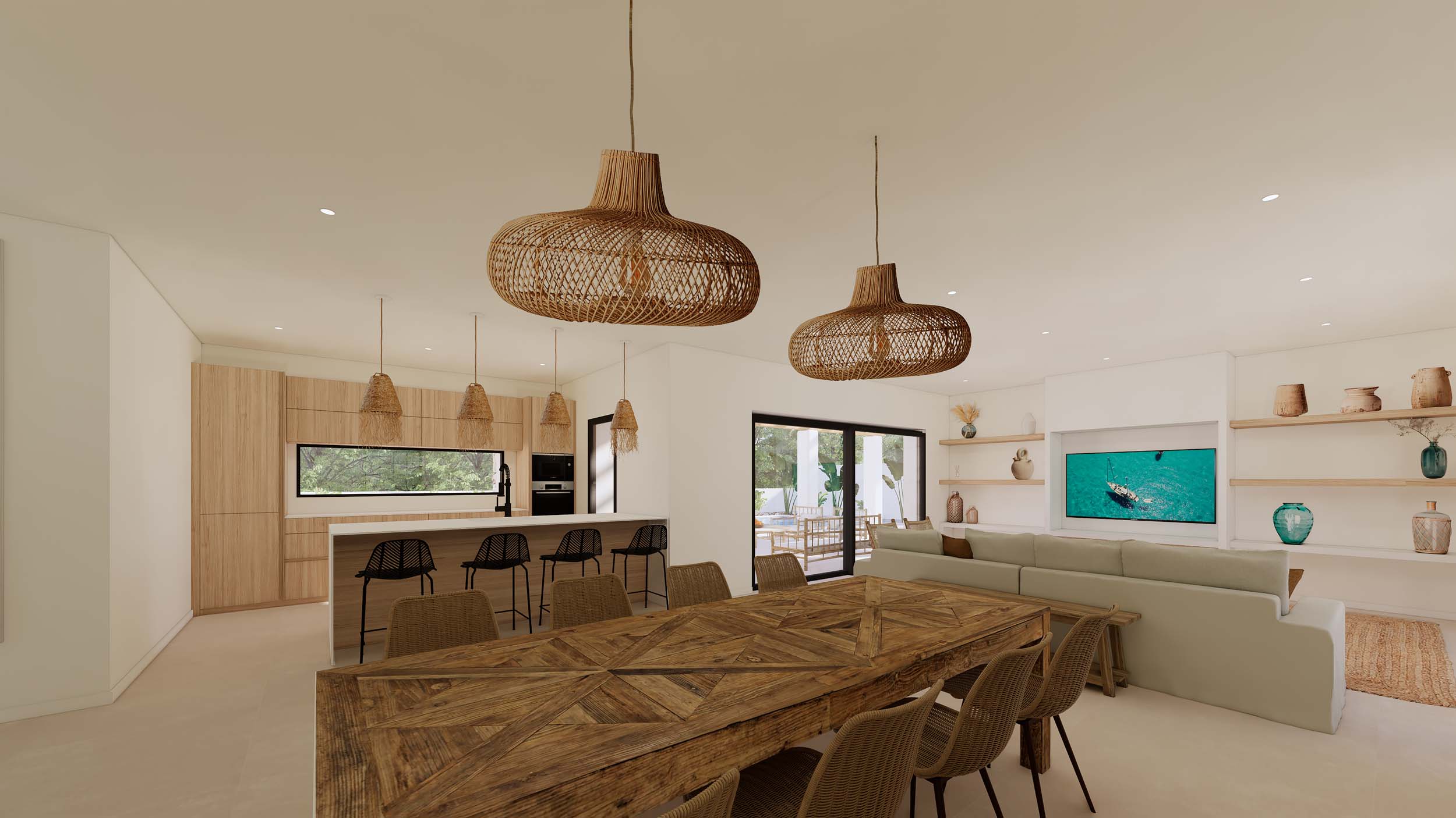 Open leefruimte met een houten eettafel, moderne keuken met kookeiland en natuurlijke rotan verlichting, met directe toegang tot het buitenterras.