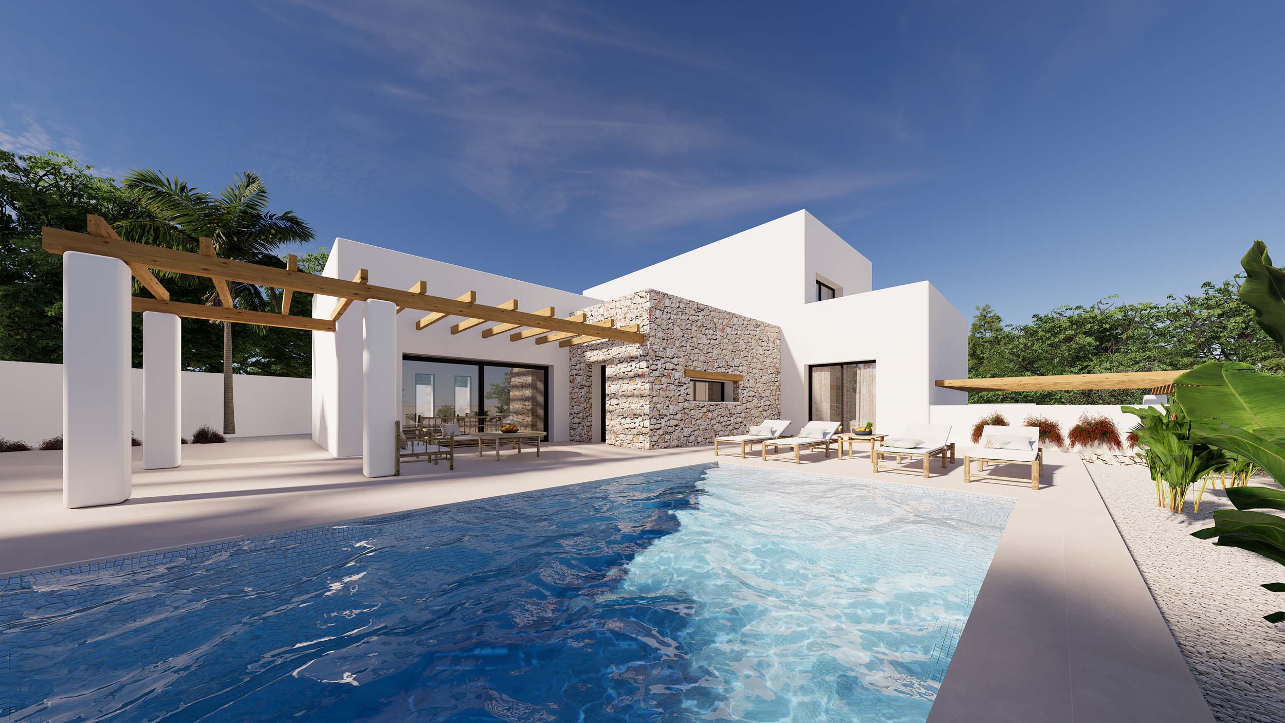 Buitenaanzicht van de villa met privézwembad, zonneterras en houten pergola, met een witte gevel en accenten van natuursteen.