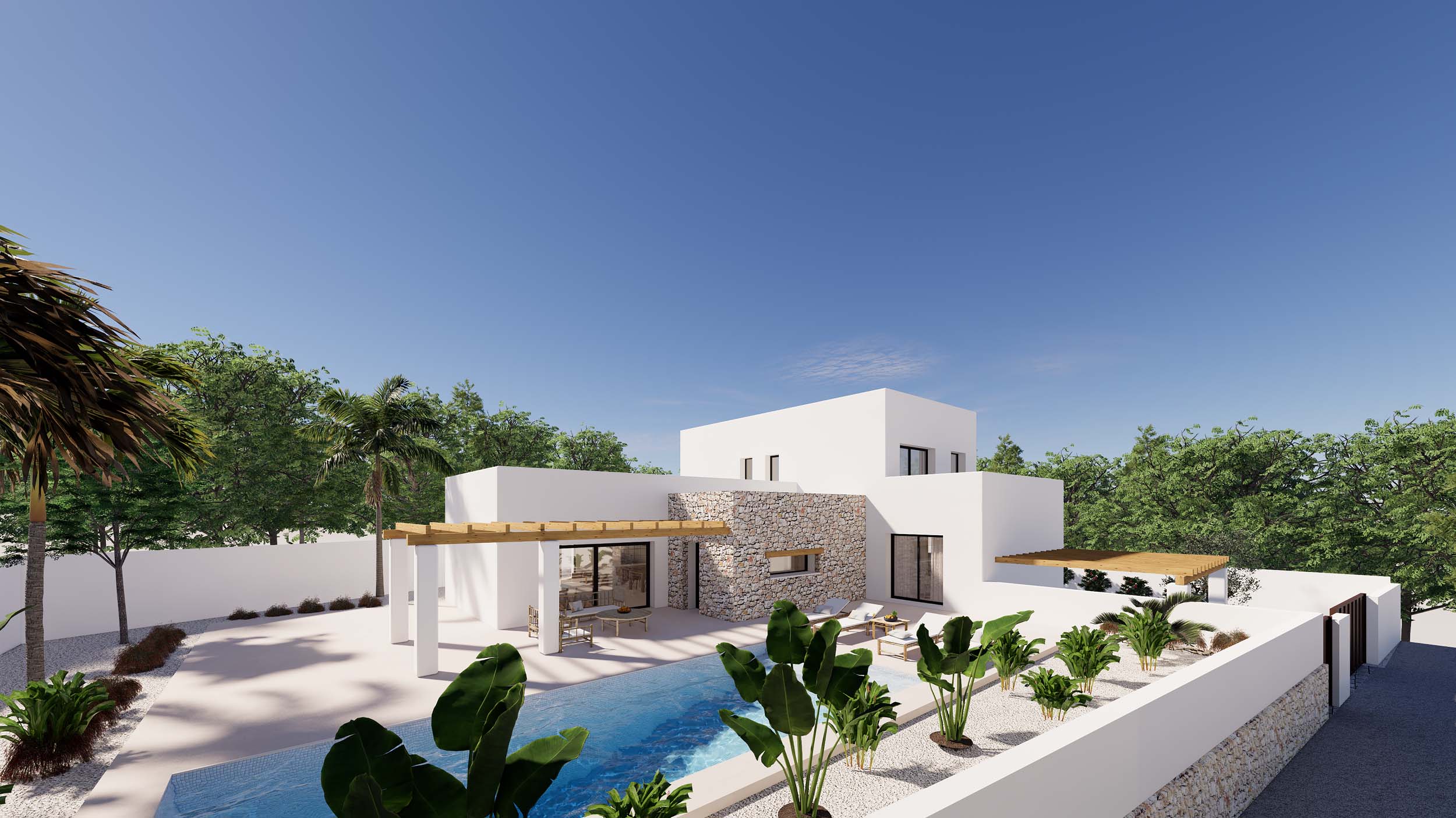 Buitenaanzicht van de villa met witte gevels, natuursteen, een rechthoekig zwembad, houten pergola's en een mediterrane tuin met tropische planten.