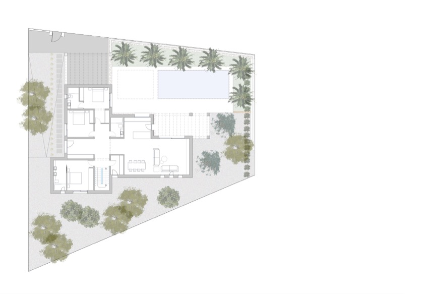 Gedetailleerde plattegrond van de begane grond en het perceel, met de indeling van drie slaapkamers met badkamer, open woonruimte, zwembad en tuin.