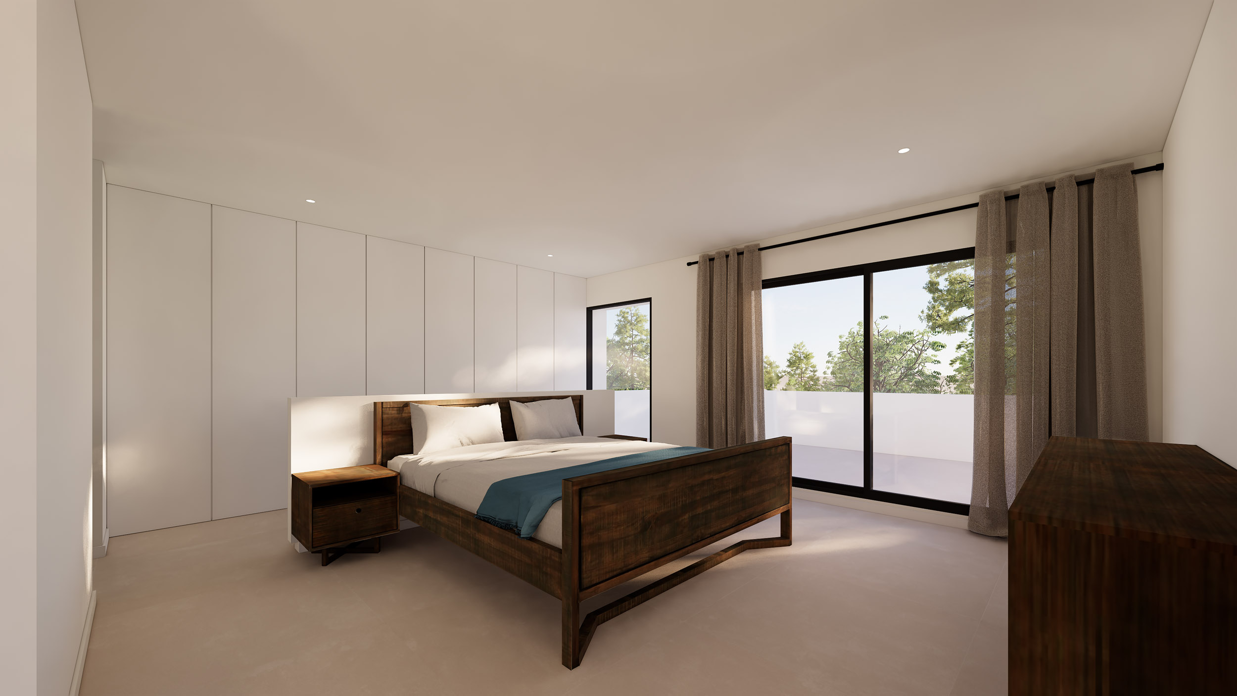 Hoofdslaapkamer met minimalistische inbouwkasten, een donkerhouten bedframe en directe toegang tot het privéterras via grote glazen schuifdeuren.
