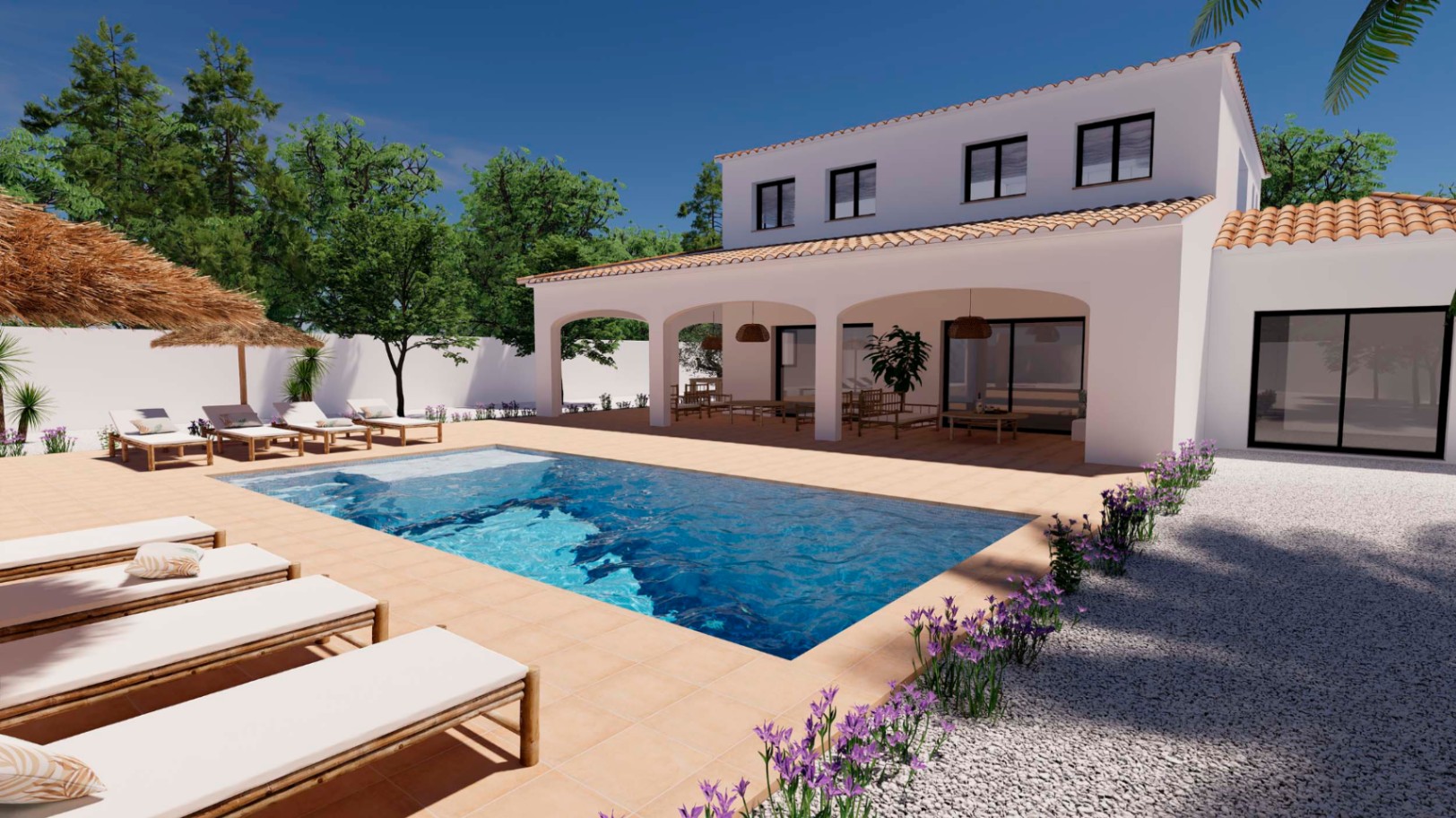 Buitenaanzicht van het rechthoekige zwembad met terracotta terras, houten ligbedden en een ruime overdekte veranda met bogen in mediterrane stijl.