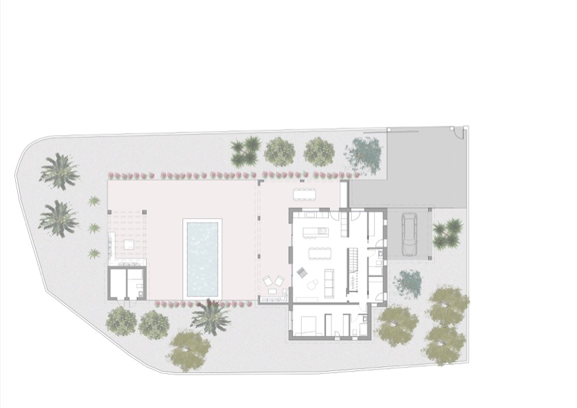 Gedetailleerde plattegrond van de begane grond met de indeling van de open woonkamer, keuken, het privéterras met zwembad en de omliggende tuin.