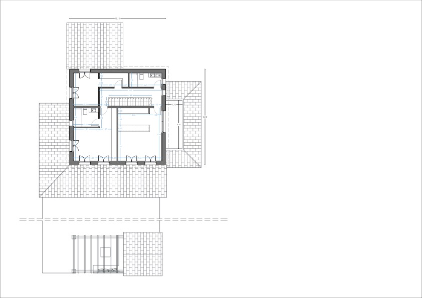 Gedetailleerde technische plattegrond met de binnenindeling, nauwkeurige afmetingen, centrale trap en omliggende terrasruimtes.