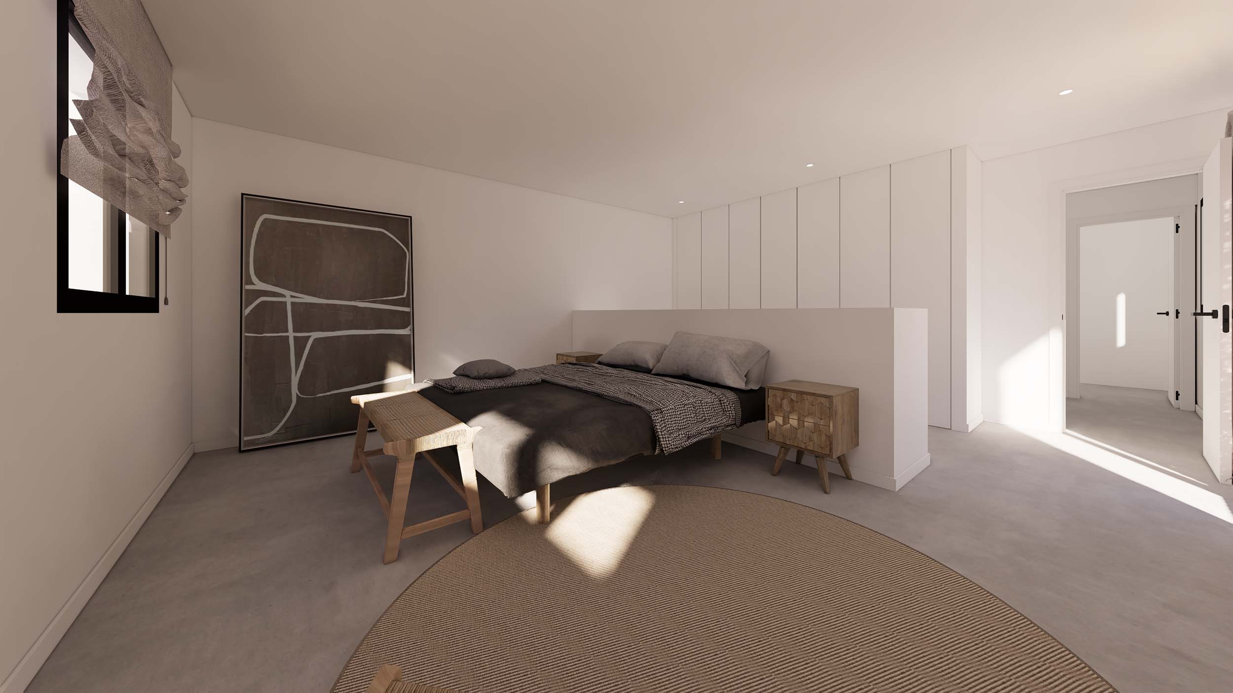 Minimalistische slaapkamer met grijs bed, bewerkte houten nachtkastjes en witte inbouwkasten. Voorzien van een houten bankje, rond tapijt en natuurlijke lichtinval.