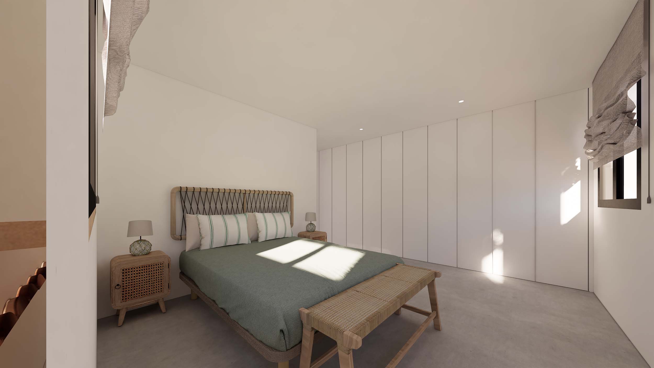Minimalistische slaapkamer met witte inbouwkasten, een gevlochten touw-hoofdbord en nachtkastjes van natuurlijk hout met rotan vlechtwerk.