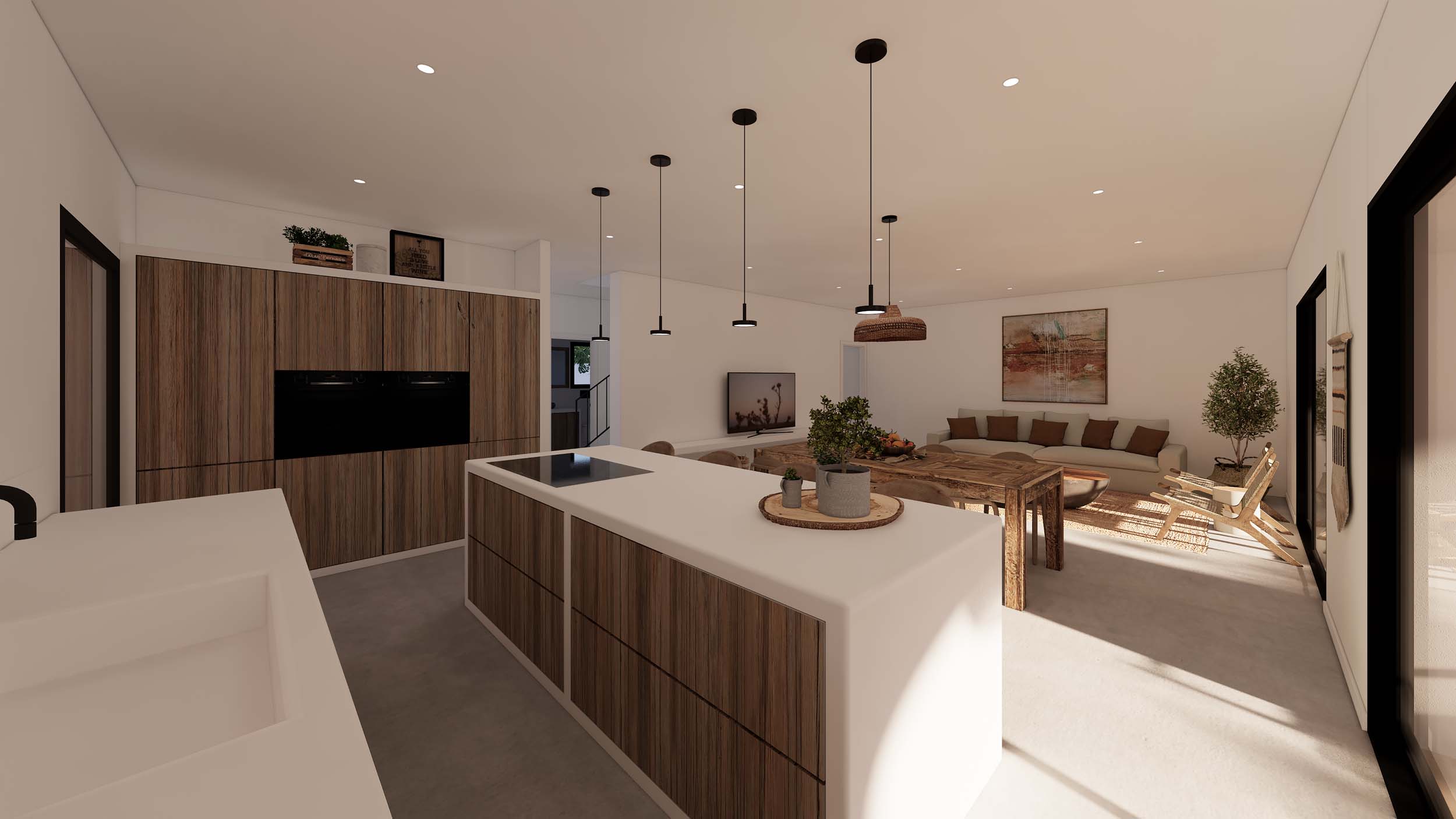 Open keuken met een wit kookeiland en houten panelen, verbonden met een lichte woonkamer voorzien van rustieke meubels en moderne inbouwverlichting.