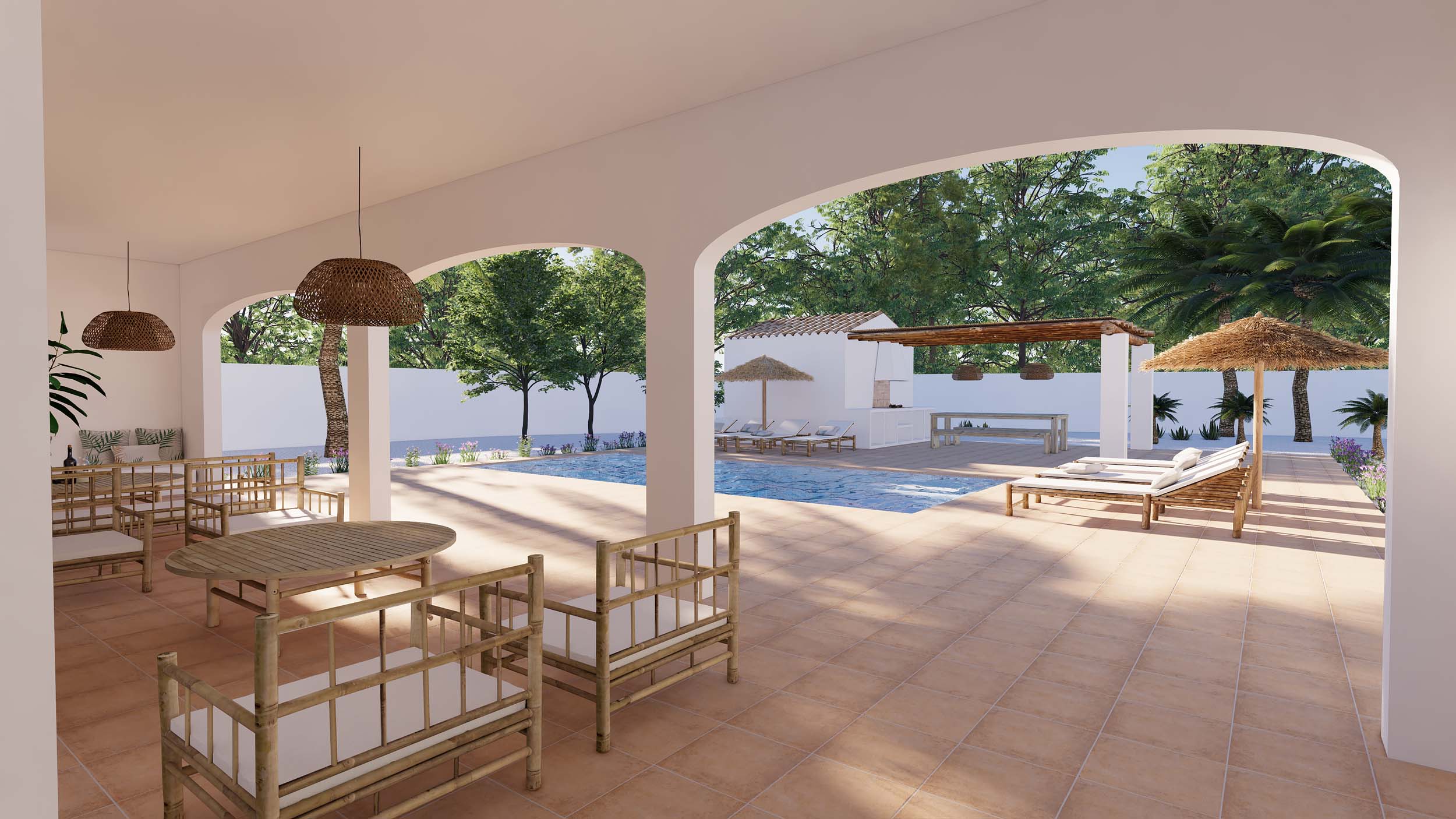 Overdekt terras met witte bogen, bamboe meubilair en uitzicht op het zwembad en de buitenkeuken met houten pergola in een groene tuin.