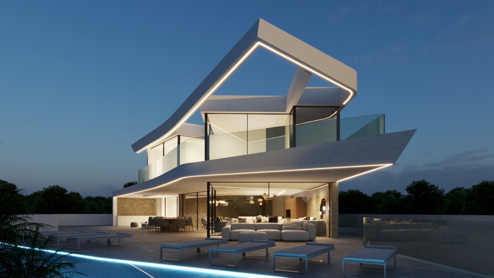 Avant-gardistische gevel verlicht door LED-profielen, met uitgestrekte stenen terrassen, glazen balustrades en een buitenlounge met zicht op het overloopzwembad.