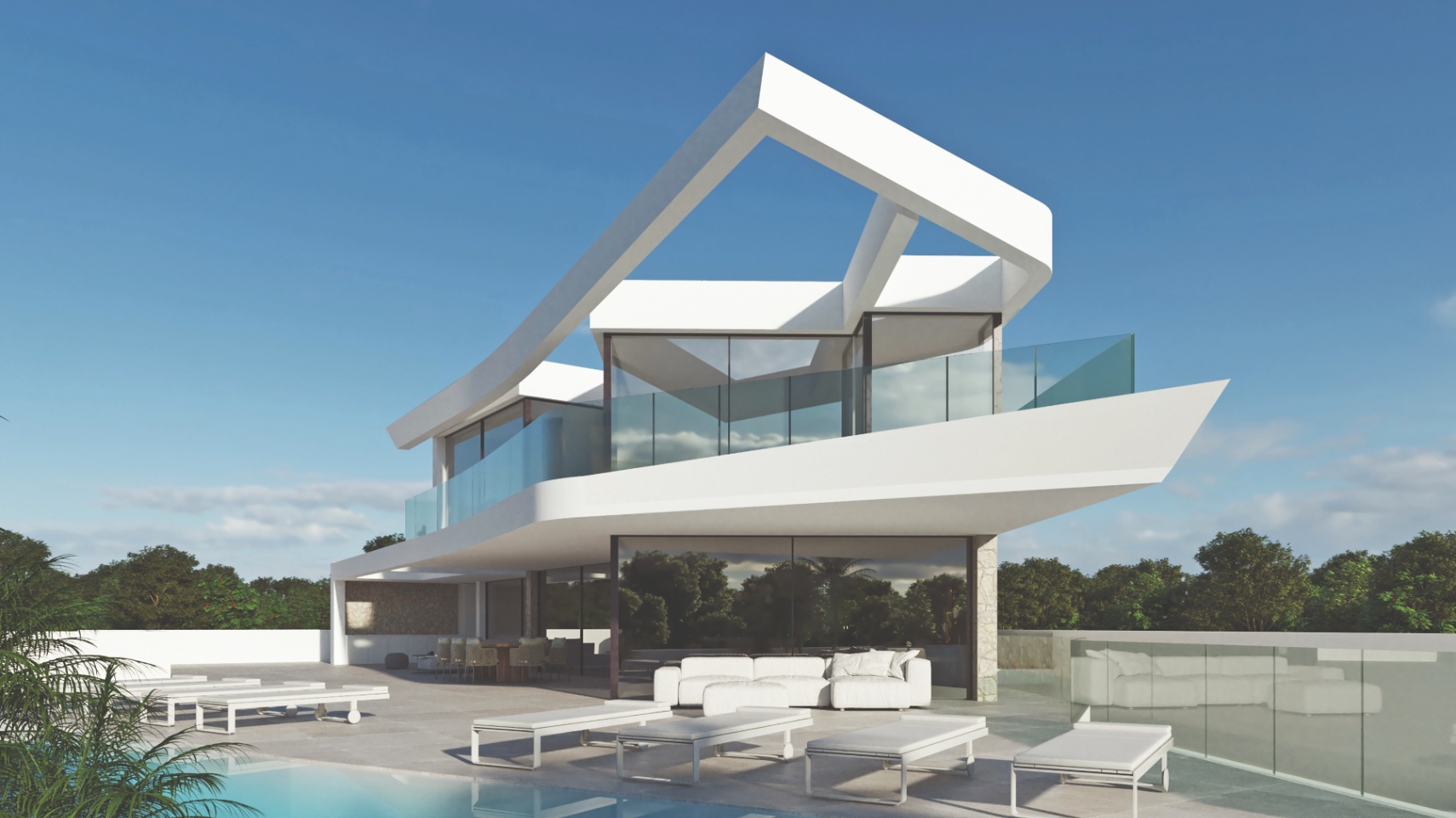 Avant-gardistische villa met witte geometrische lijnen, grote glaspartijen en een ruim terras met zwembad, designmeubilair en glazen balustrades.