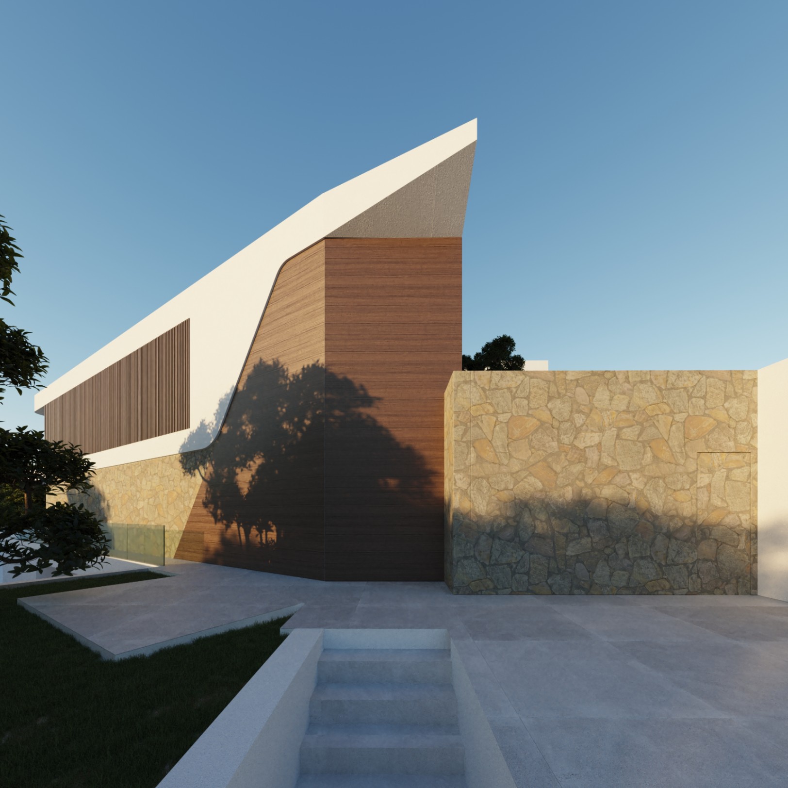 Moderne gevel met natuurstenen muren, houten panelen en strakke witte architecturale overstekken, gekenmerkt door geometrische lijnen en natuurlijk licht.