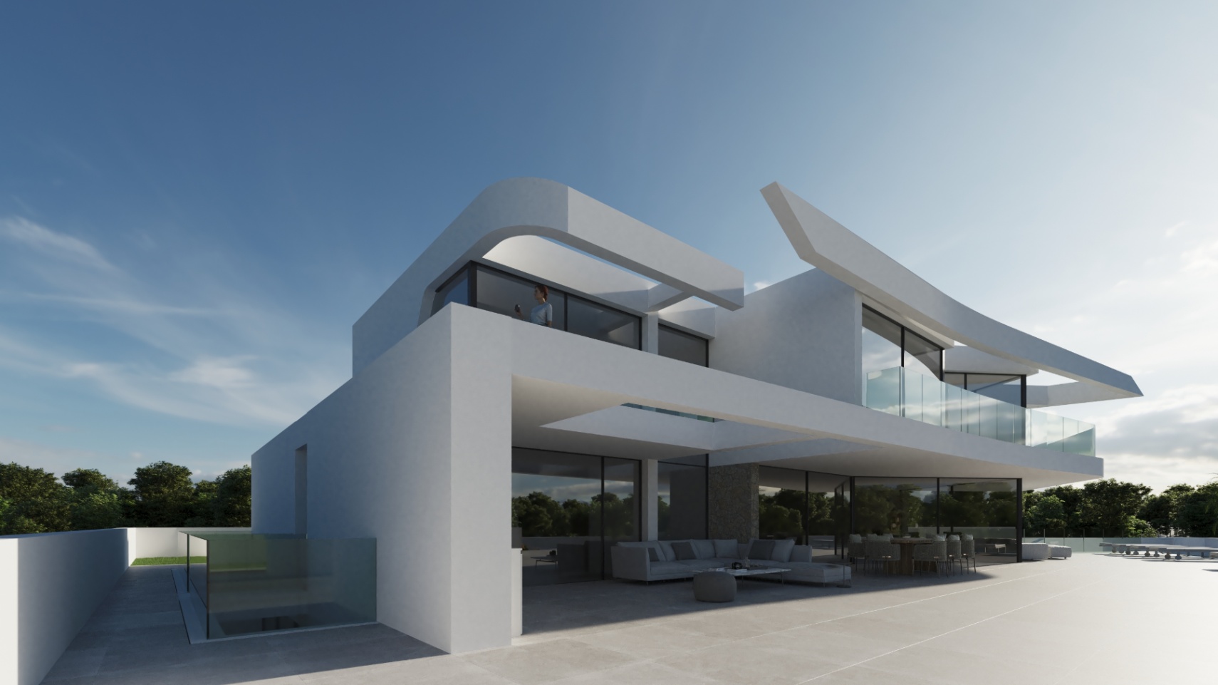 Moderne witte gevel met uitkragende elementen, glazen balustrades en een royaal terras met een geïntegreerde buitenlounge en eethoek.