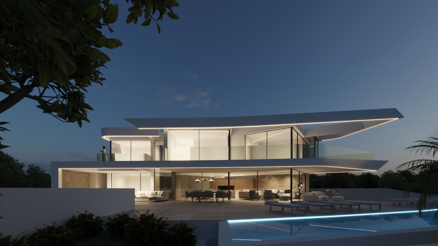 Nachtzicht op de avant-gardistische gevel met LED-verlichte overstekken, kamerhoge glazen wanden en een infinity pool geïntegreerd in het hoofdterras.