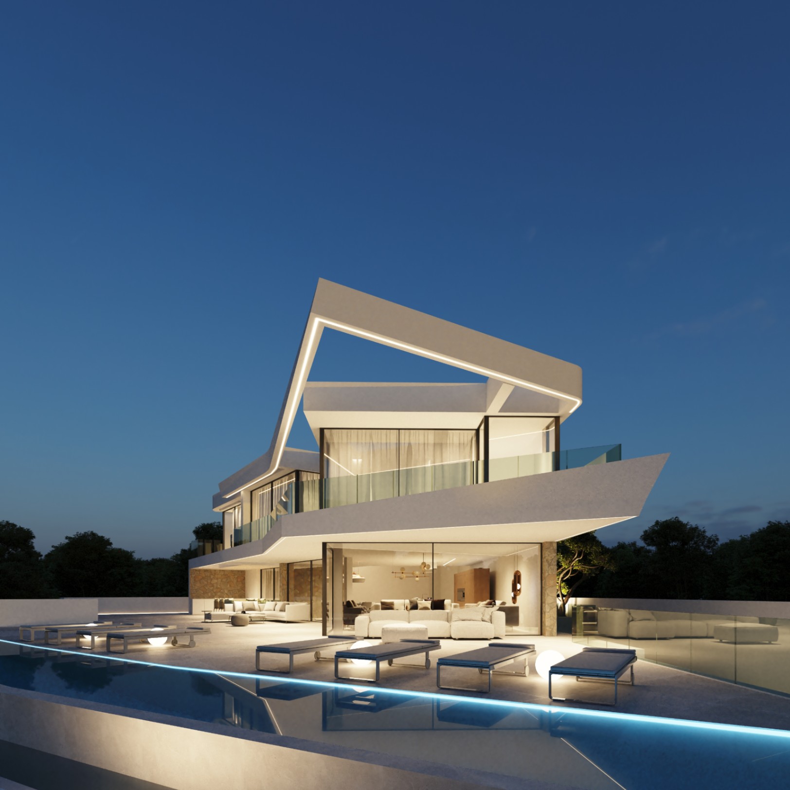 Nachtzicht op de geometrische gevel met geïntegreerde ledverlichting, het overloopzwembad en het terras met designmeubilair voor de glazen woonkamer.