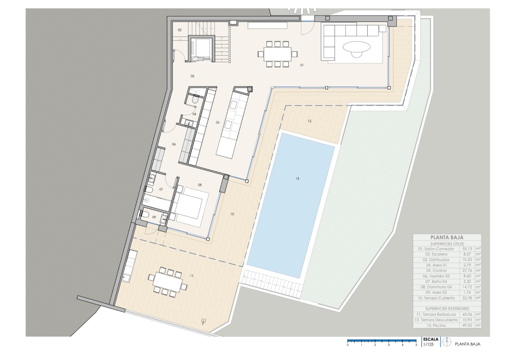 Gedetailleerde plattegrond van de begane grond met een woonkamer van 55 m², keuken met eiland, slaapkamer en buitenruimte met zwembad en barbecueterras.
