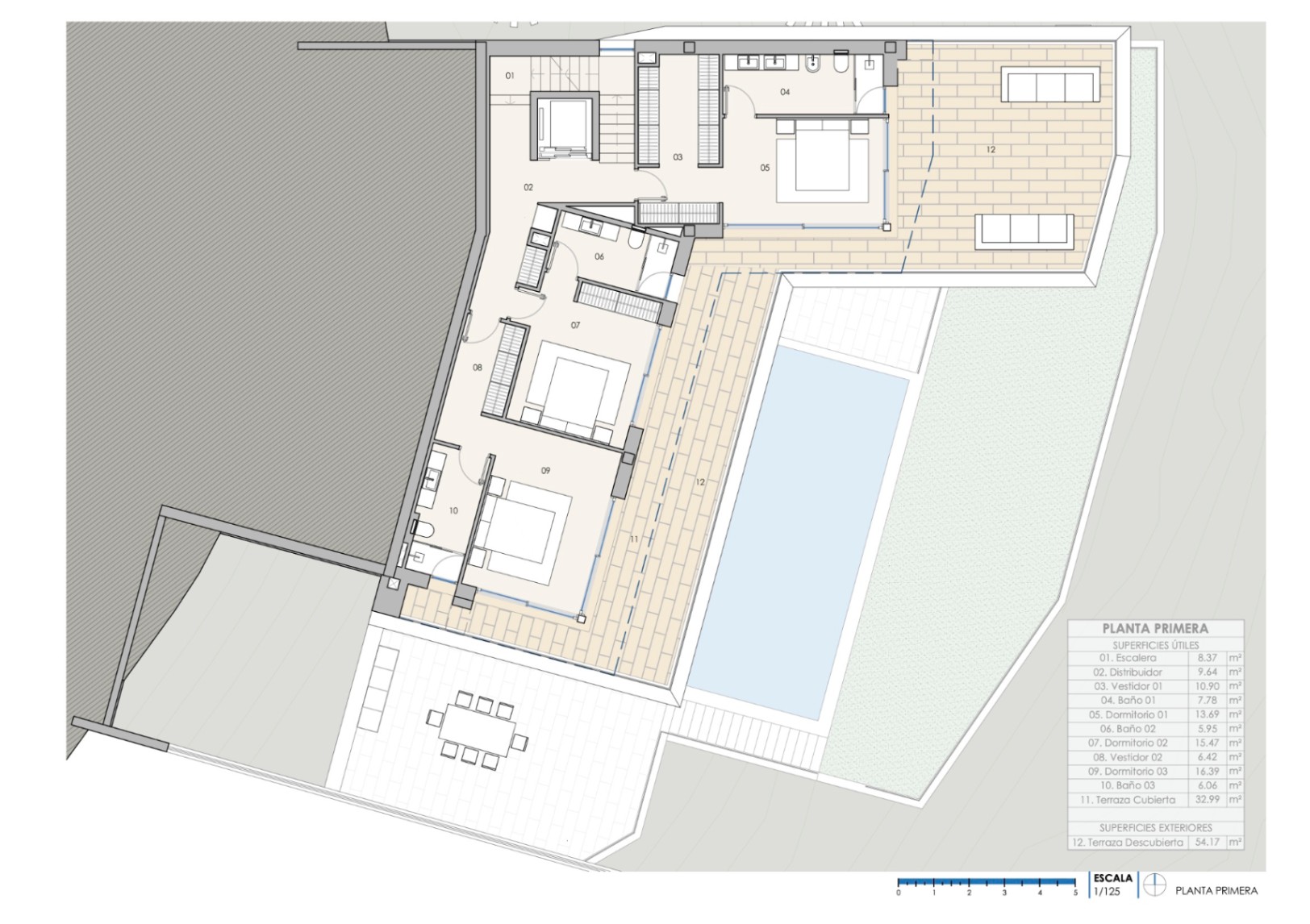 Gedetailleerde plattegrond van de eerste verdieping met drie slaapkamers met en-suite badkamers, inloopkasten en directe toegang tot het terras en zwembad.