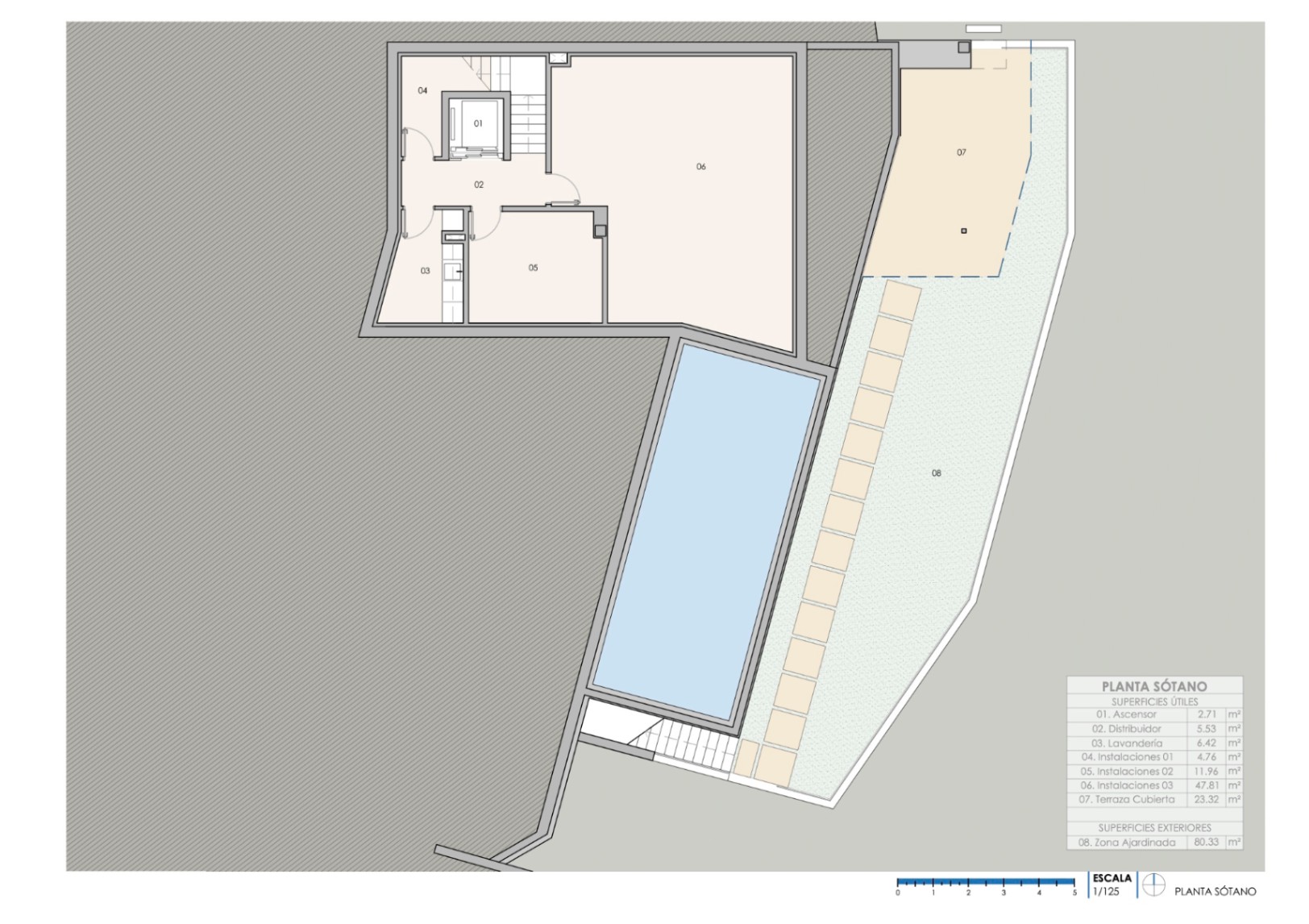 Gedetailleerde plattegrond van het souterrain met wasruimte, technische ruimtes, lift, een overdekt terras en een aangelegde tuin van 80 m² naast het zwembad.