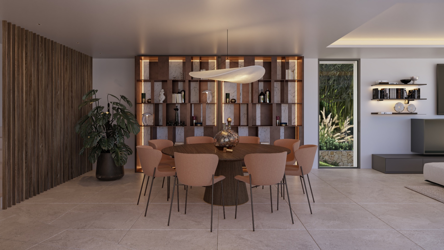 Moderne eetruimte met een ronde houten tafel, terracotta stoelen en een op maat gemaakte verlichte wandkast met marmeren details en houten lamellenwand.