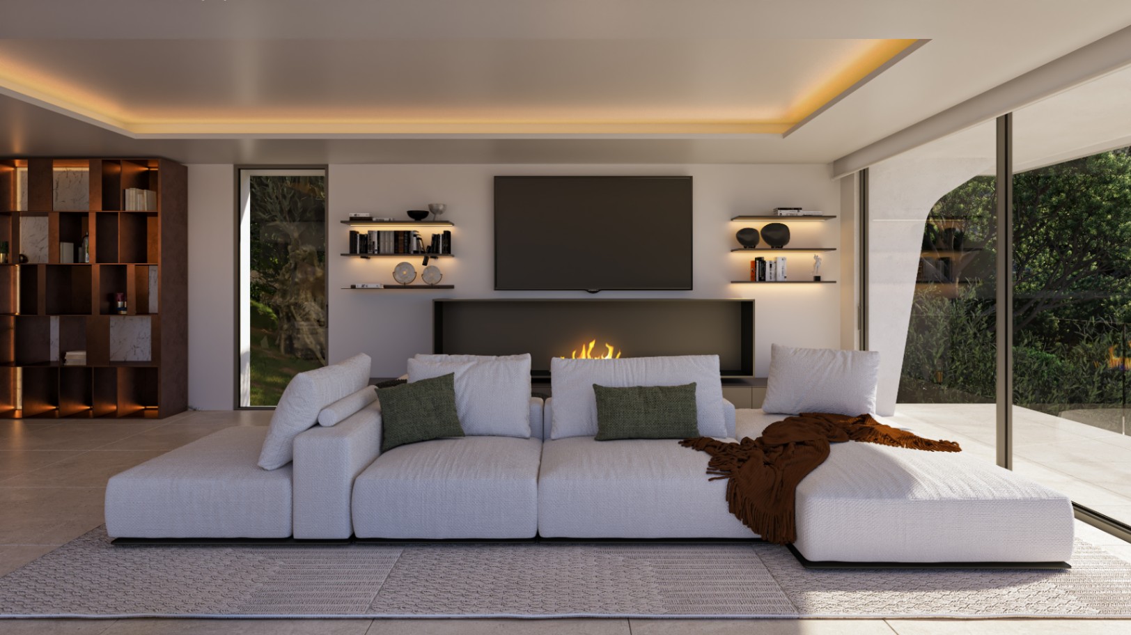 Moderne woonkamer met witte modulaire bank, geïntegreerde haard en verlichte wandplanken. Grote glazen schuifdeuren bieden direct toegang tot het terras.