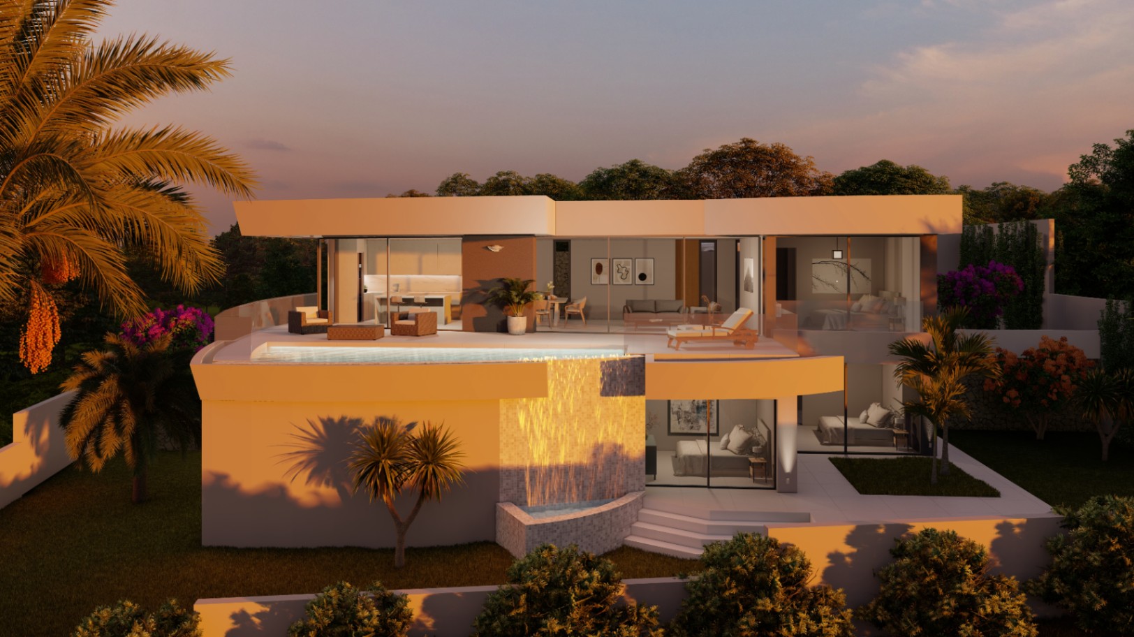 Exterieur van de moderne villa bij zonsondergang, met een overloopzwembad met waterval, glazen puien van vloer tot plafond en aangelegde tuinen.