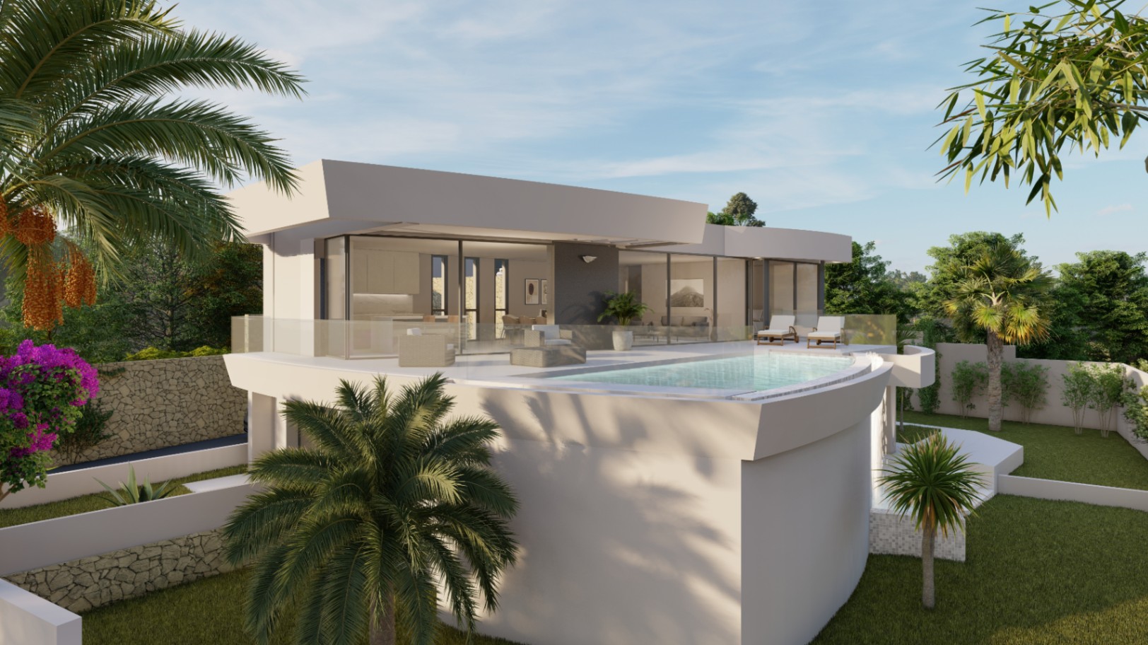 Exterieur van de villa met gebogen overloopzwembad, glazen terrasbalustrades en een aangelegde tuin met palmbomen en natuurstenen muren.