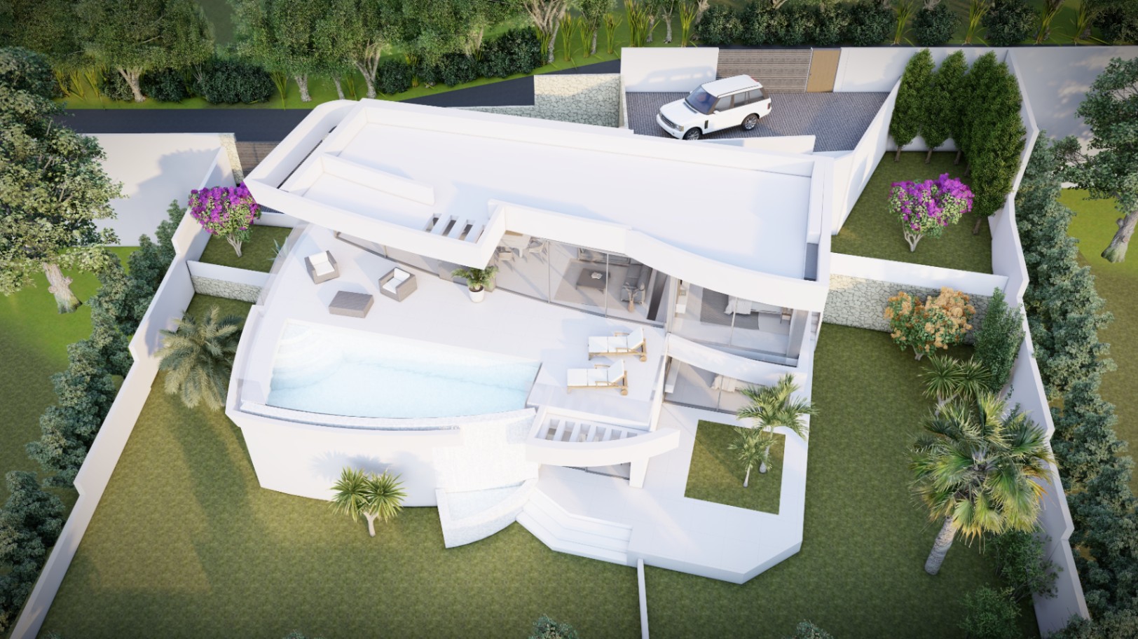 Luchtfoto van de moderne villa met overloopzwembad, grote terrassen en een aangelegde tuin. Het perceel is voorzien van een privéparkeerplaats en natuurstenen muren.