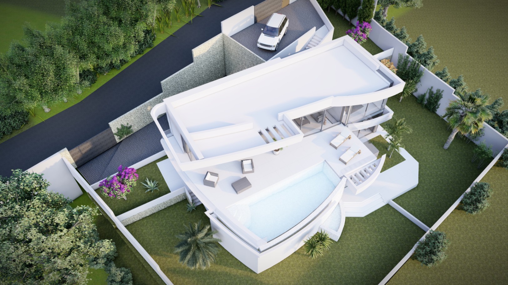 Luchtfoto van de moderne villa met wit geometrisch ontwerp, gebogen overloopzwembad, zonneterrassen en een ommuurd perceel met aangelegde tuinen en parkeergelegenheid.