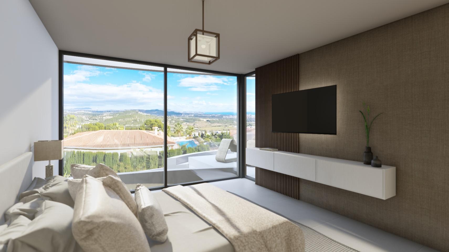 Moderne slaapkamer met kamerhoge glazen wanden, panoramisch uitzicht op de vallei, een houten lamellenwand en een zwevend tv-meubel.