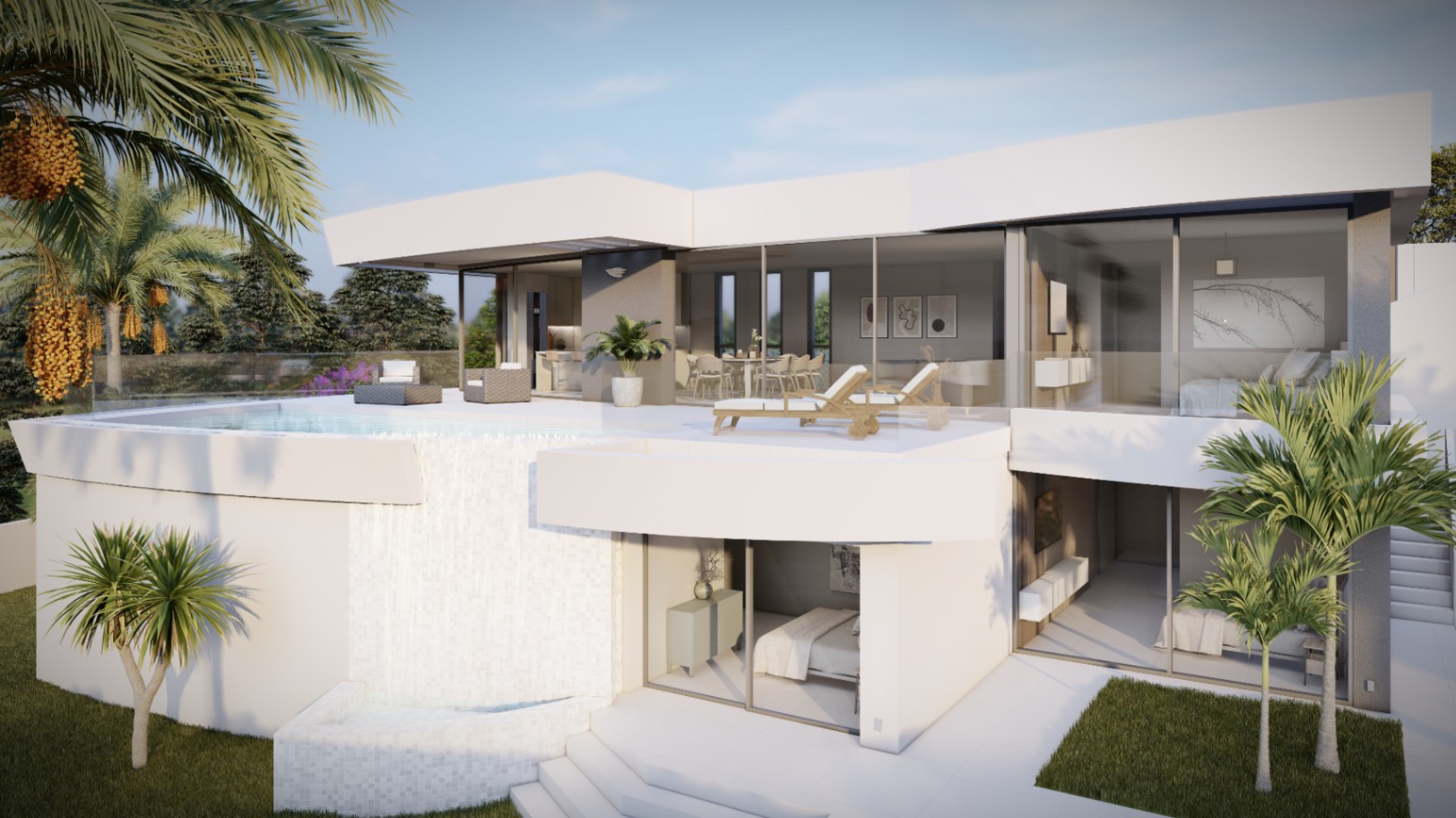 Moderne villa met twee verdiepingen, voorzien van een overloopzwembad met waterval. Kamerhoge glazen puien verbinden de woonruimtes en slaapkamers met de zonnige terrassen.