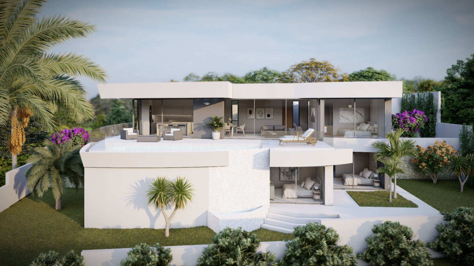 Vooraanzicht van de moderne witte villa met overloopzwembad op de bovenverdieping, glazen balustrades en grote raampartijen die uitkijken op de aangelegde tuin.