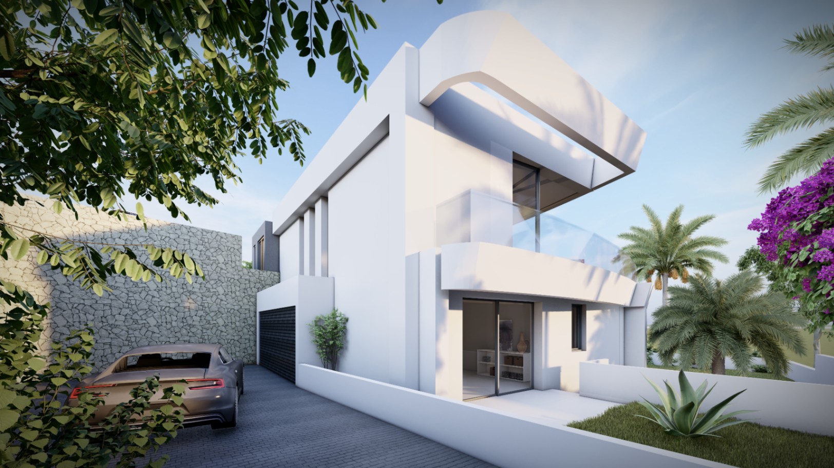 Zijgevel van de villa met witte geometrische architectuur, privégarage, natuurstenen muren en mediterrane beplanting met palmbomen.