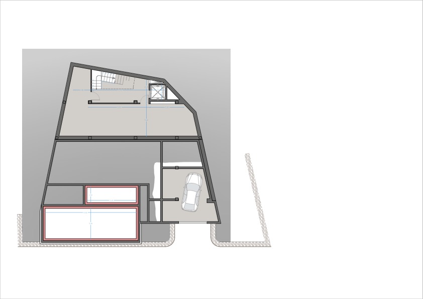 Technische plattegrond van het souterrain met een ruime garage, lift, binnentrap en een grote multifunctionele opslagruimte.