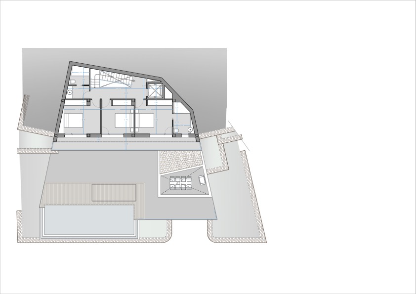 Architectonisch plan met de indeling van de villa, inclusief slaapkamers, zwembad en terras.