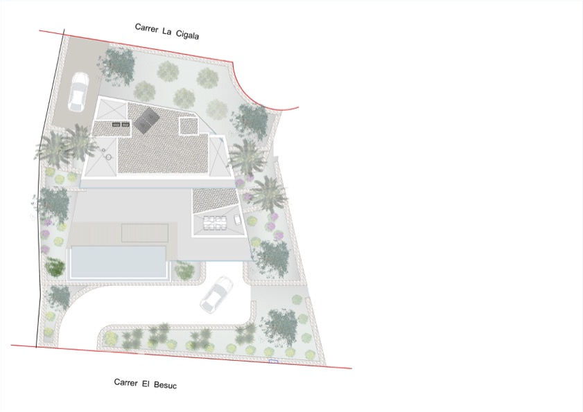 Architectonisch plan van de villa met zwembad, terrassen en tuinen in Benissa, Costa Blanca.