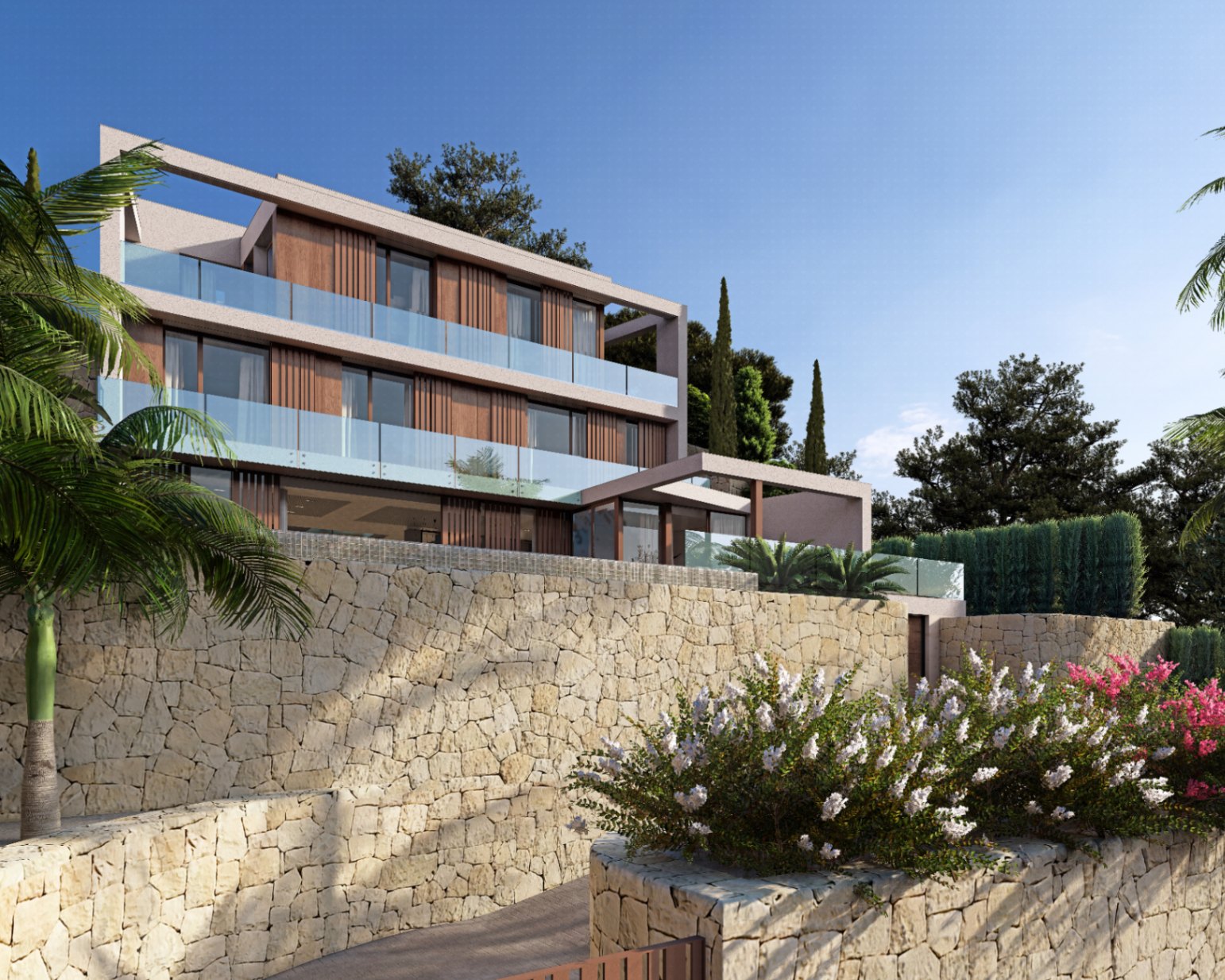 Exterieur van de villa met houten gevel en natuurstenen muren.