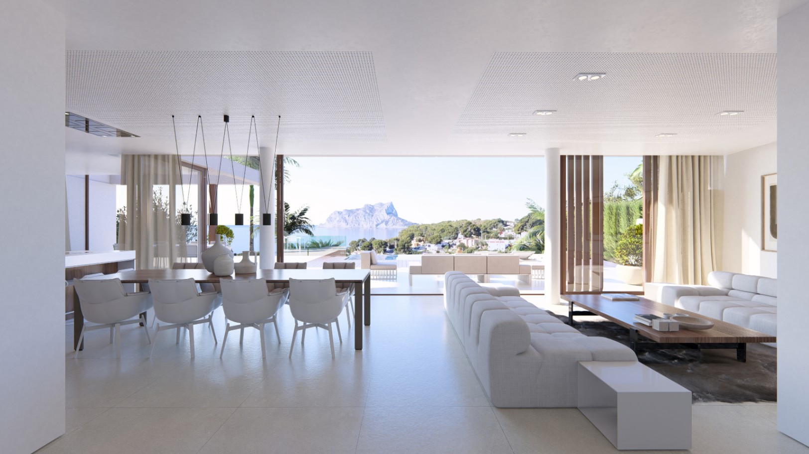 Ruime woon-eetkamer met panoramisch uitzicht op zee en modern design in neutrale tinten.