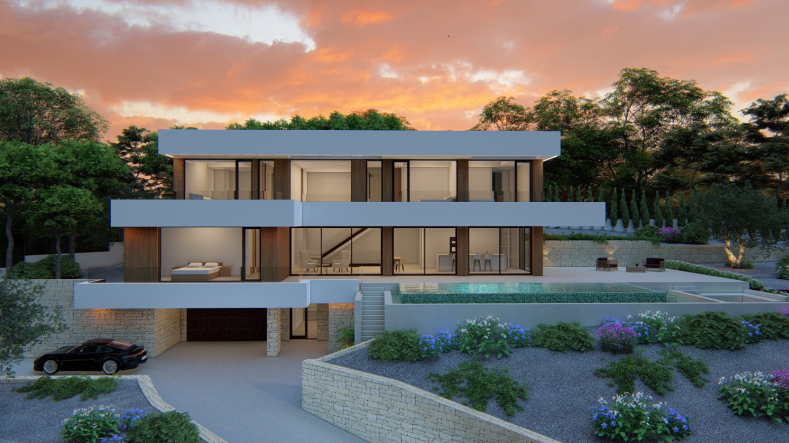 Exterieur van de villa met drie verdiepingen, minimalistische architectuur, kamerhoge glaspartijen, een overloopzwembad en natuurstenen muren bij zonsondergang.