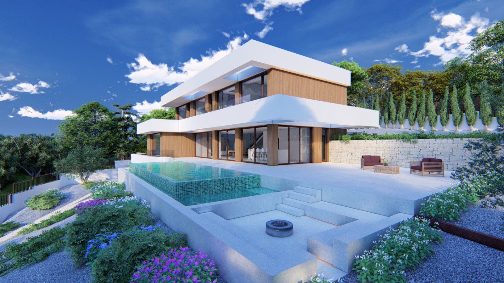 Externe weergave van de moderne villa met houten gevel, overloopzwembad en verzonken zithoek met vuurplaats in een aangelegde mediterrane tuin.