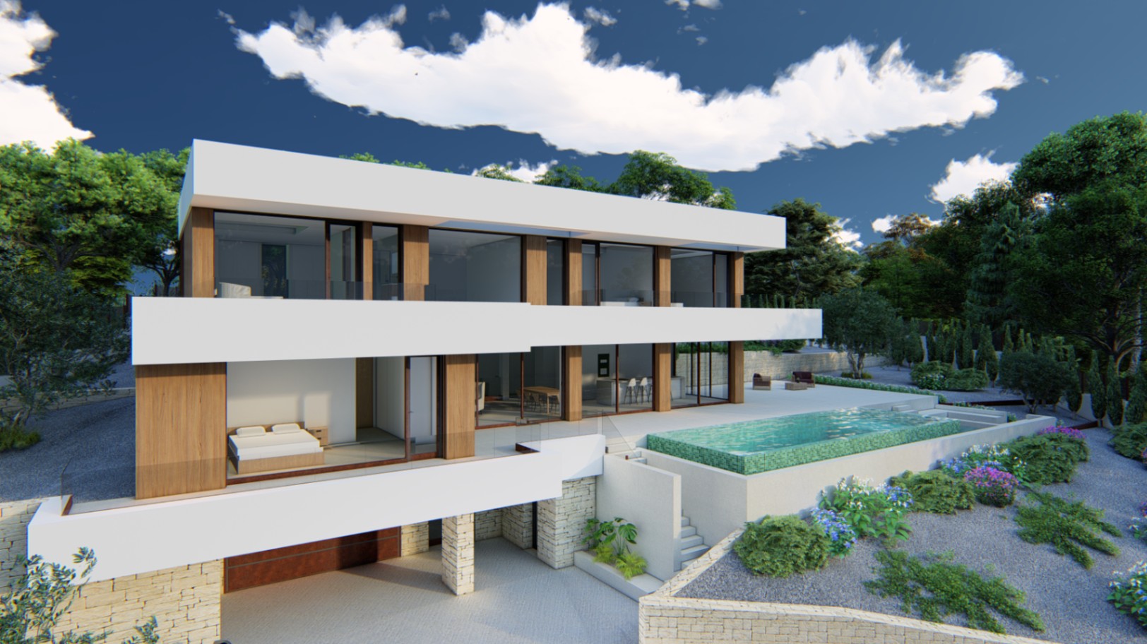 Moderne gevel met drie niveaus, houten en stenen accenten, een overloopzwembad en grote glaspartijen te midden van een mediterraan aangelegde tuin.